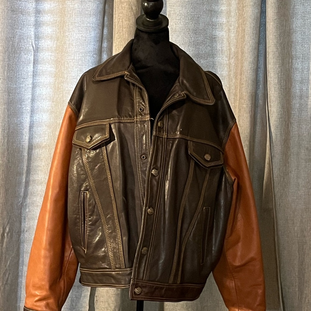 Men's Leather Bomber Jacket with Brown and Tan Sleeves
